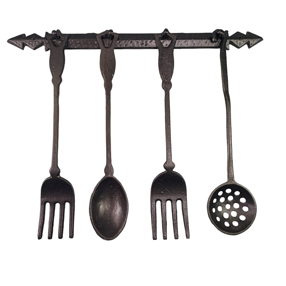 VTG Cast Iron Kitchen Utensil Set Wall Rack Fork Spoon Skimmer Taiwan Rustic MCM